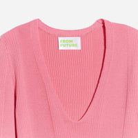 Pull à col V à côtes en laine superfine - Bubble Gum