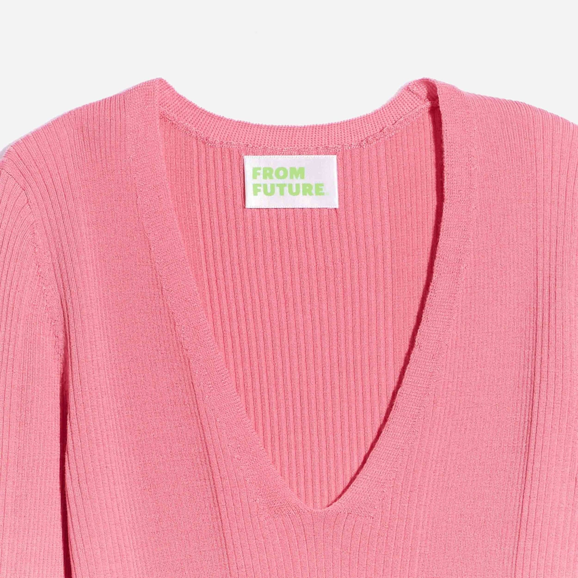 Pull à col V à côtes en laine superfine - Bubble Gum