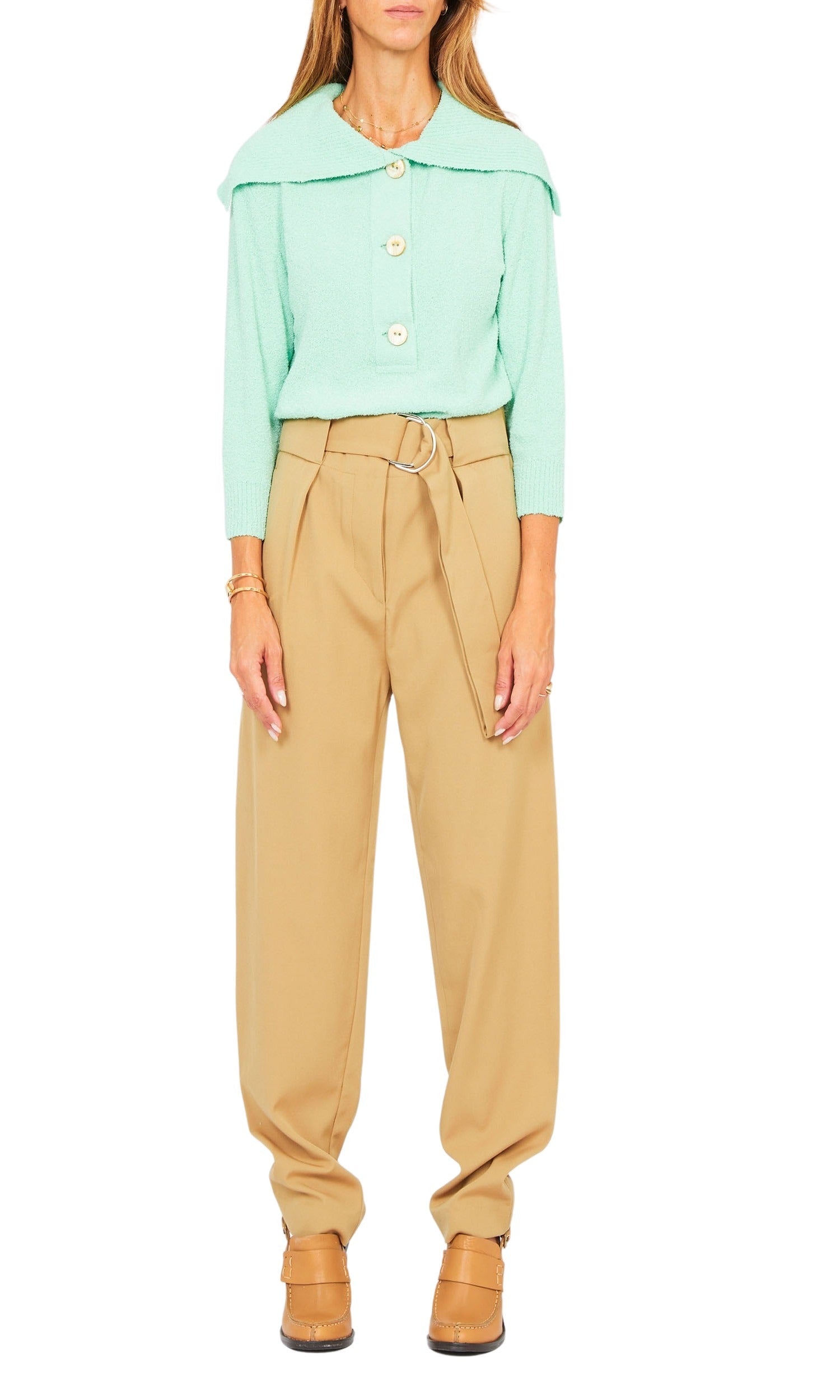 Pantalon baggy à pinces en gabardine de laine - Beige