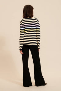 Pull à rayures col rond en laine - Bleu Nuit