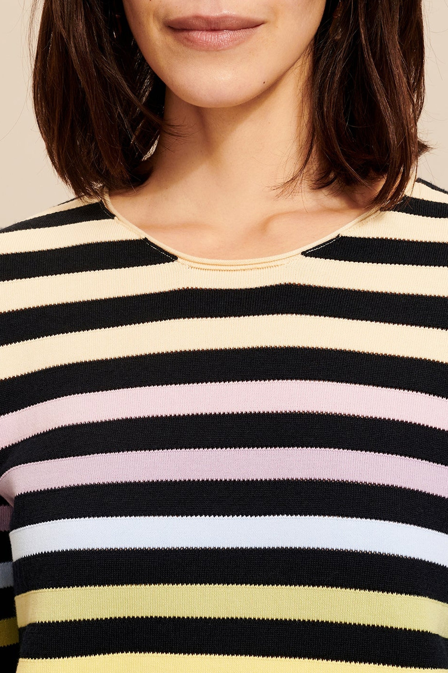 Pull à rayures col rond en laine - Bleu Nuit