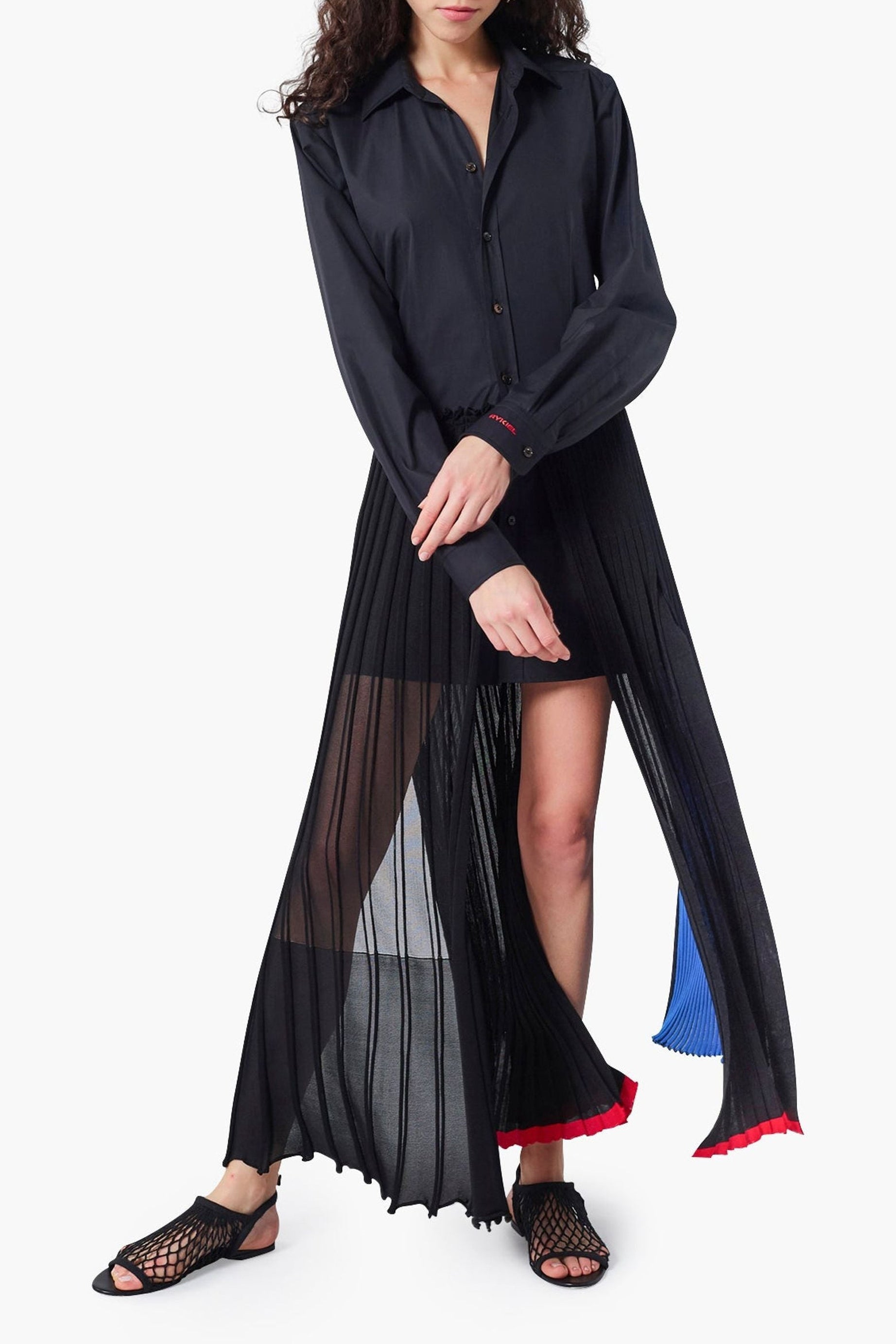 Robe chemise avec jupe transparente plissée - Noir