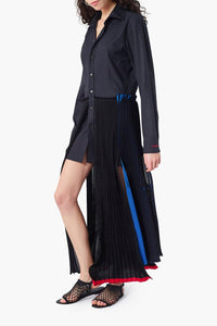 Robe chemise avec jupe transparente plissée - Noir
