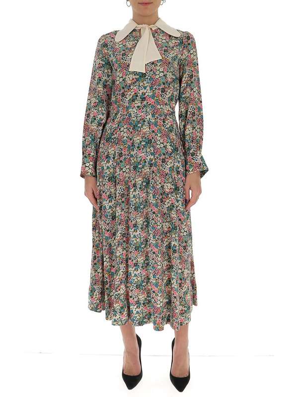 Robe à motif fleuri et col contrasté en soie - Multicolor