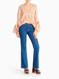Top col V en soie - Orange & White