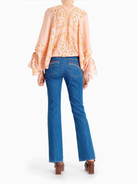 Top col V en soie - Orange & White