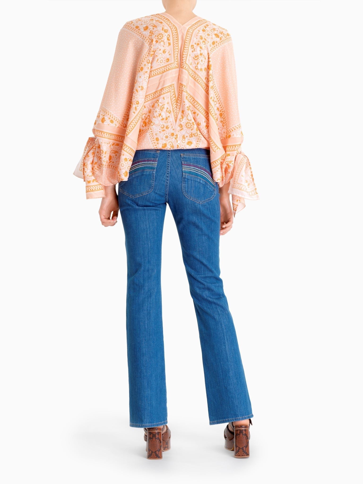 Top col V en soie - Orange & White