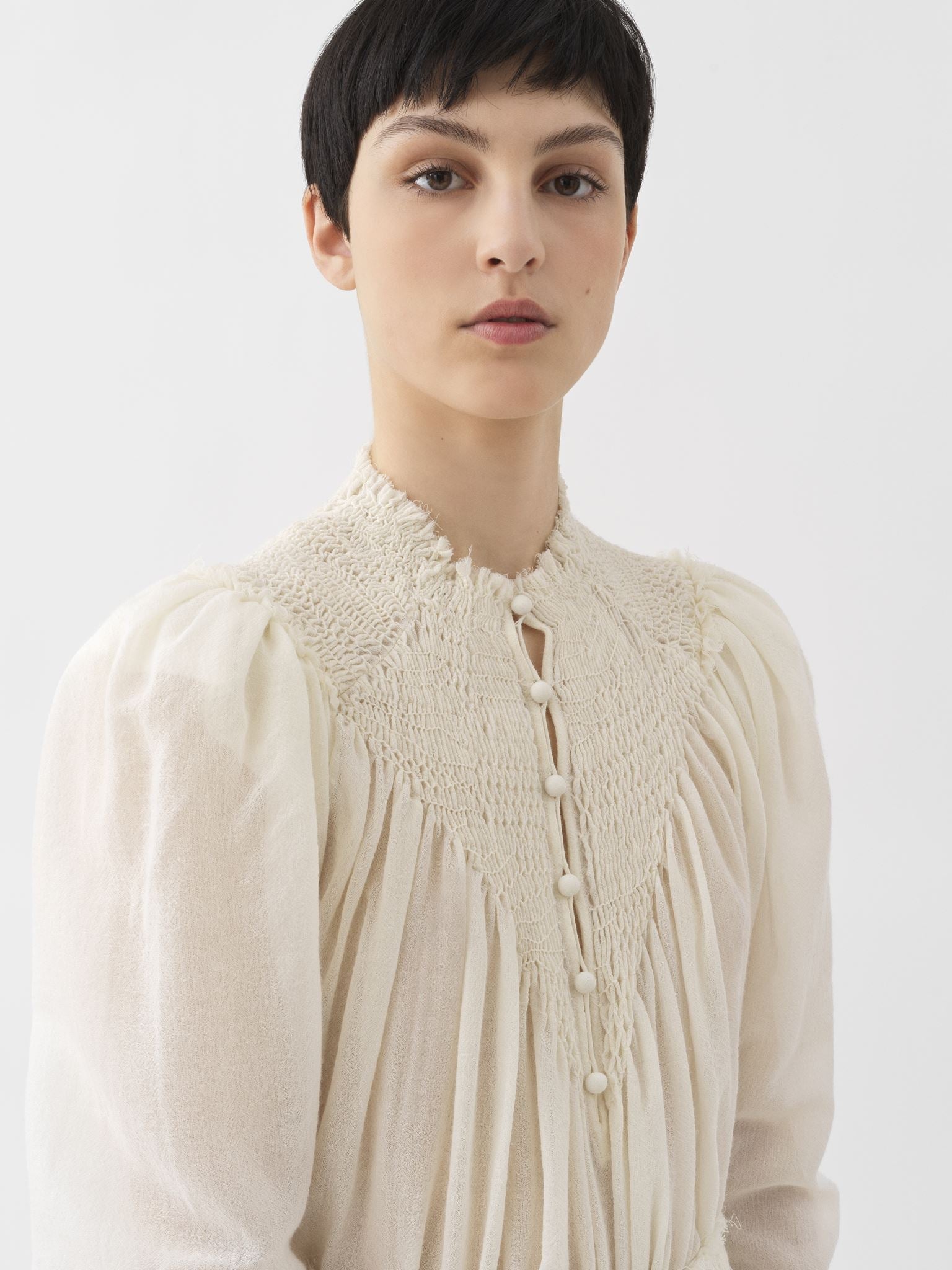 Blouse smockée en laine - Beige Perle de Graine