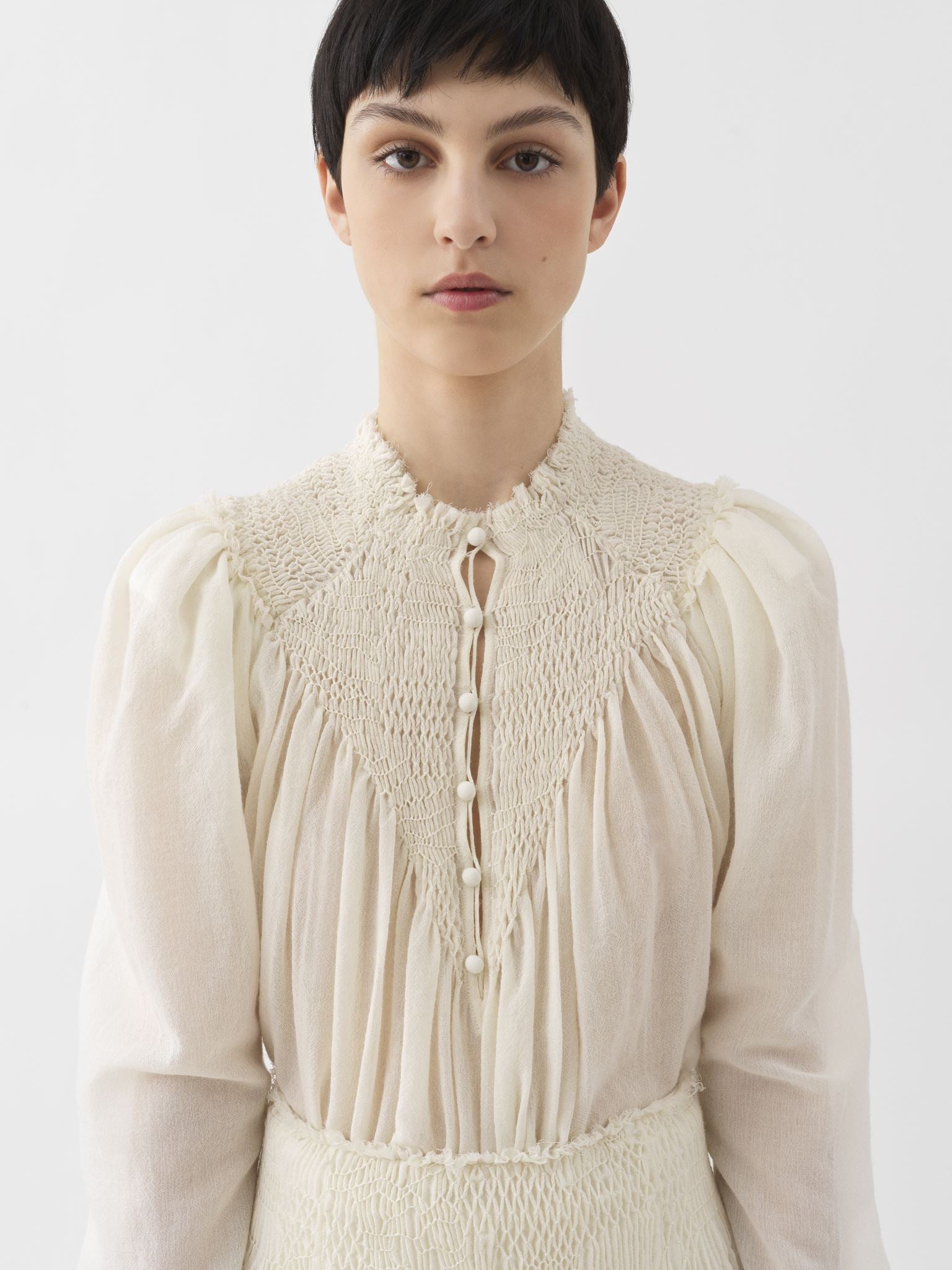 Blouse smockée en laine - Beige Perle de Graine