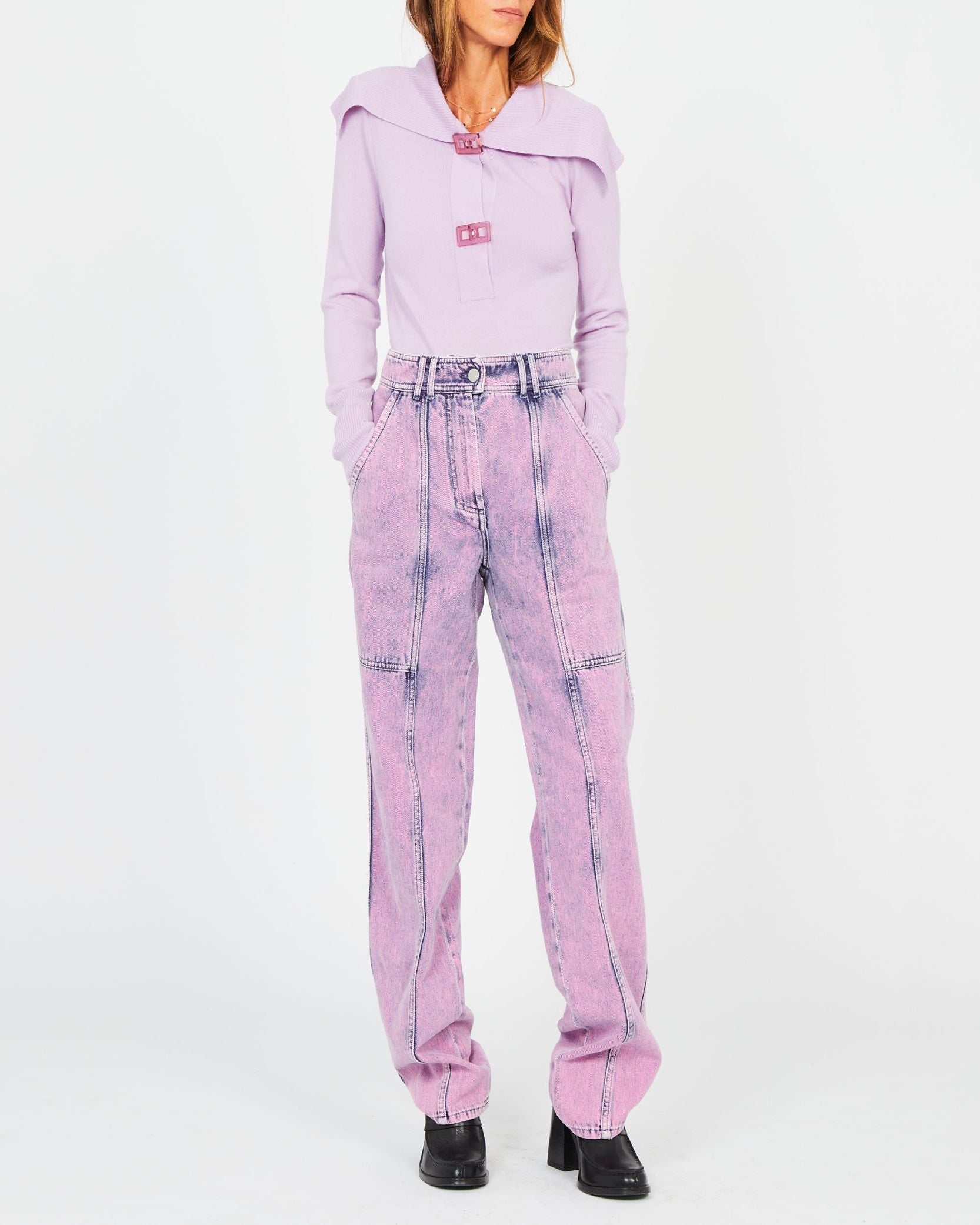 Pull façon polo col V - Mauve
