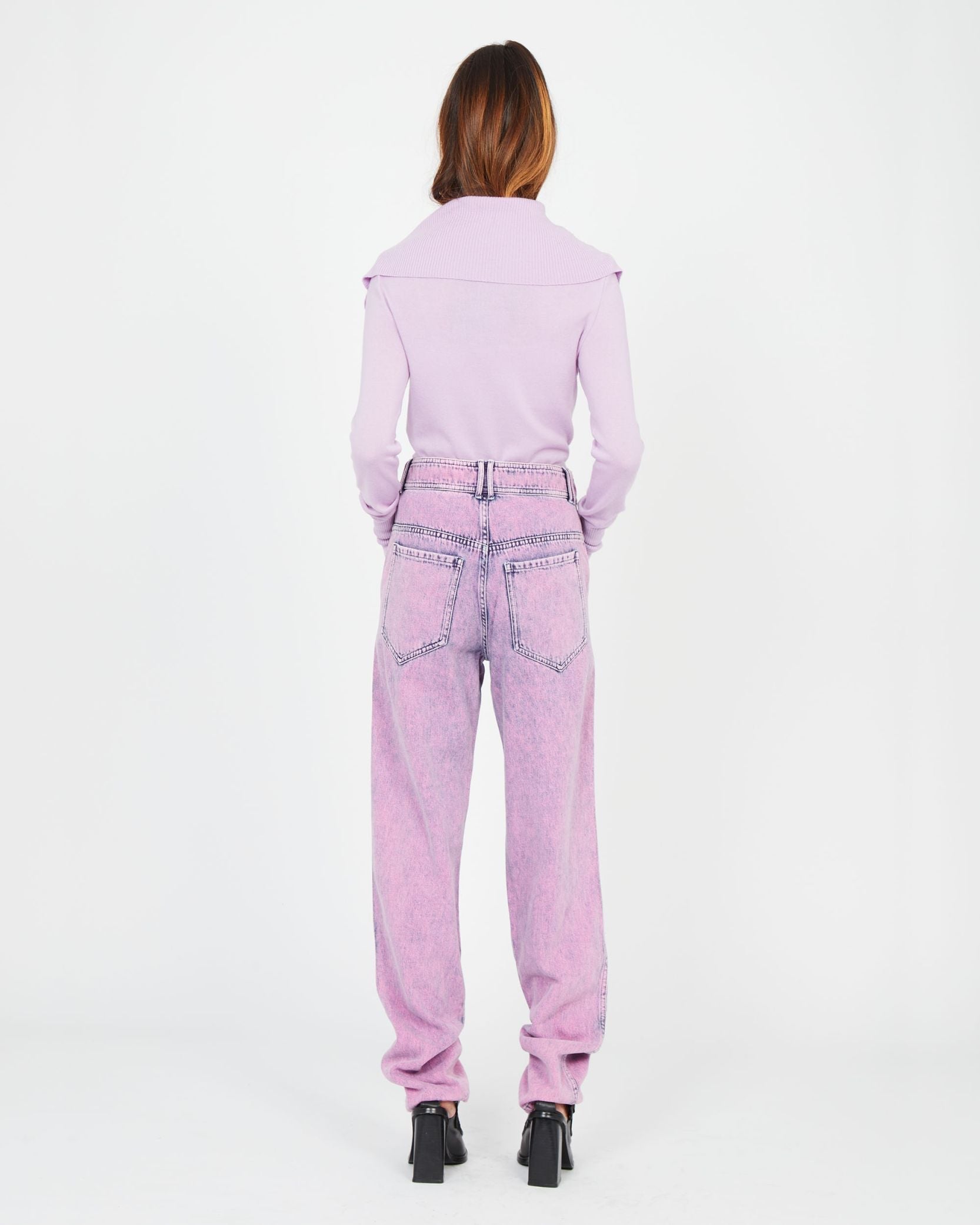 Pull façon polo col V - Mauve