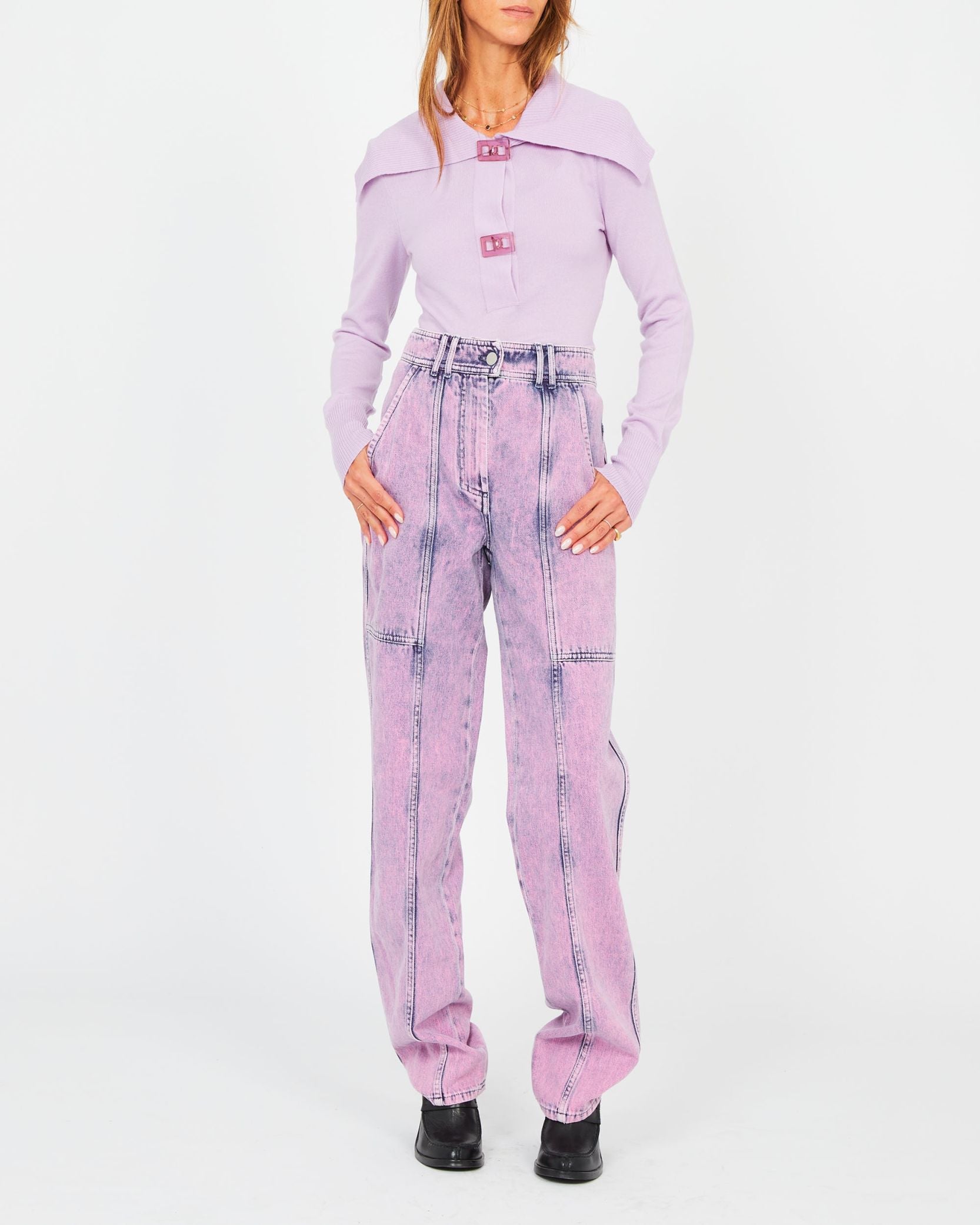 Pull façon polo col V - Mauve