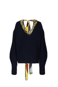 Pull à manches longues en laine ouvert au dos - Bleu