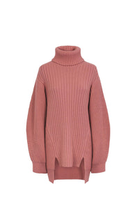 Pull col roulé à manches longues en laine - Rose