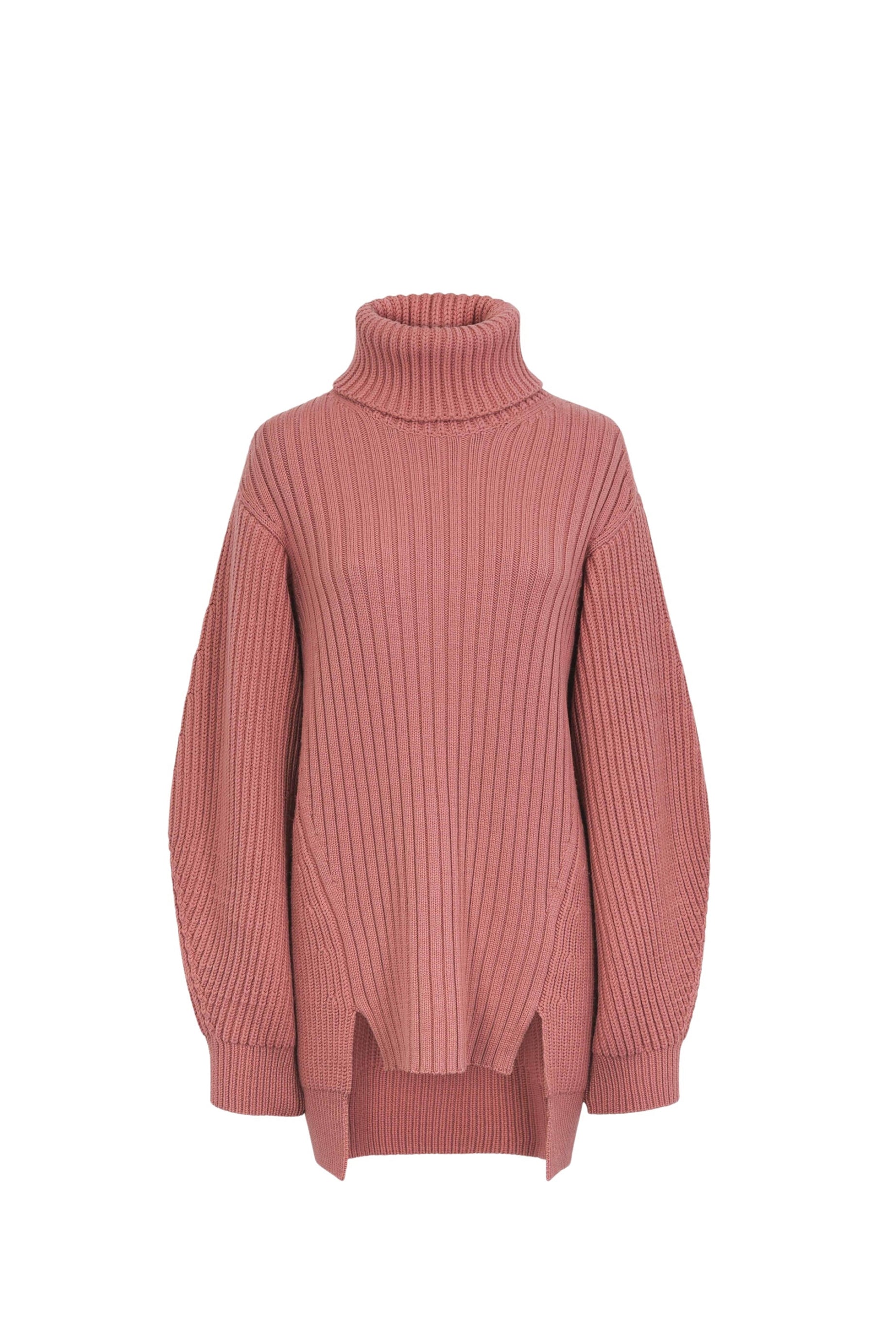 Pull col roulé à manches longues en laine - Rose