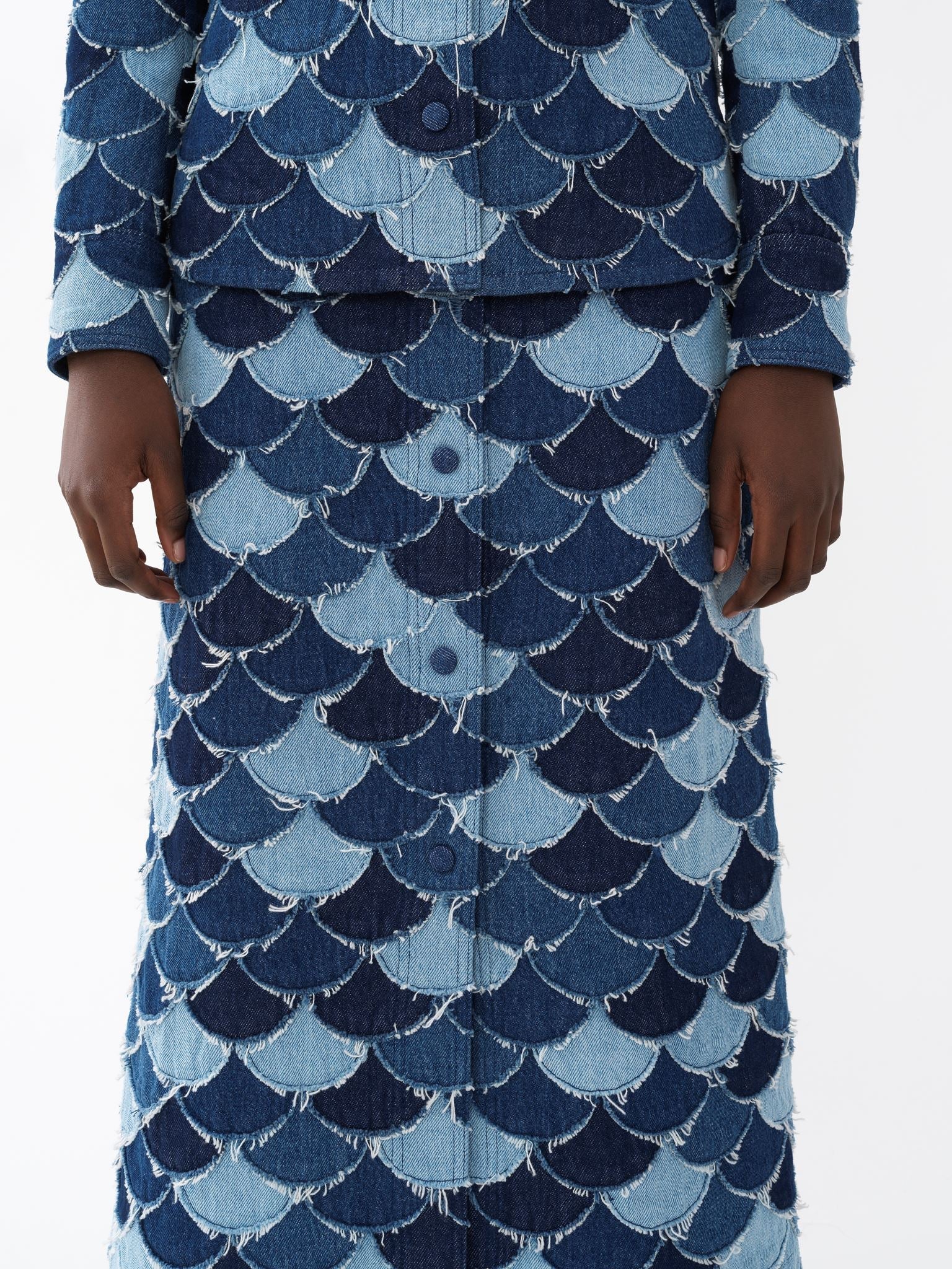 Jupe trapèze en patchwork de denim - Denim Blue