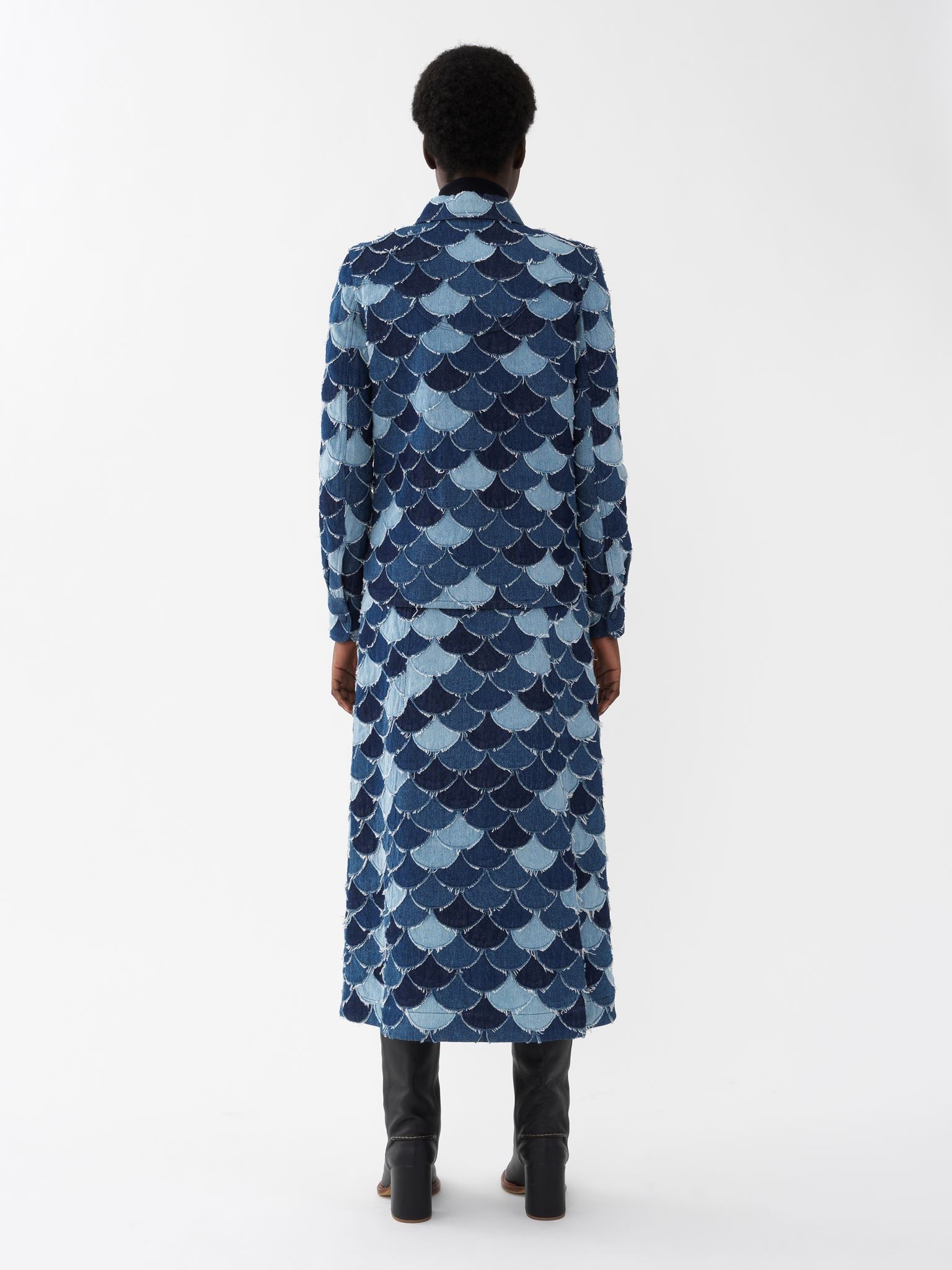 Jupe trapèze en patchwork de denim - Denim Blue