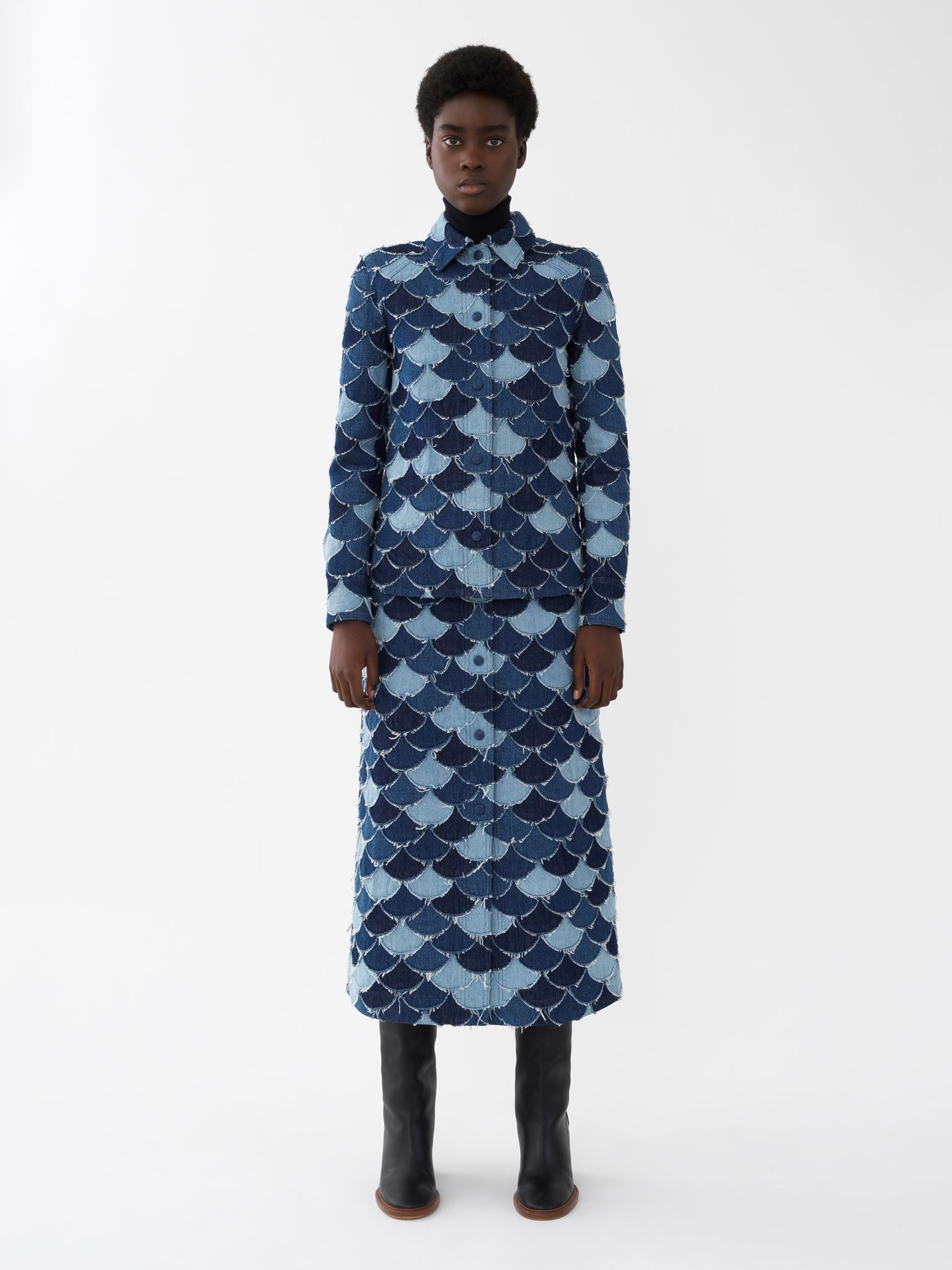 Jupe trapèze en patchwork de denim - Denim Blue