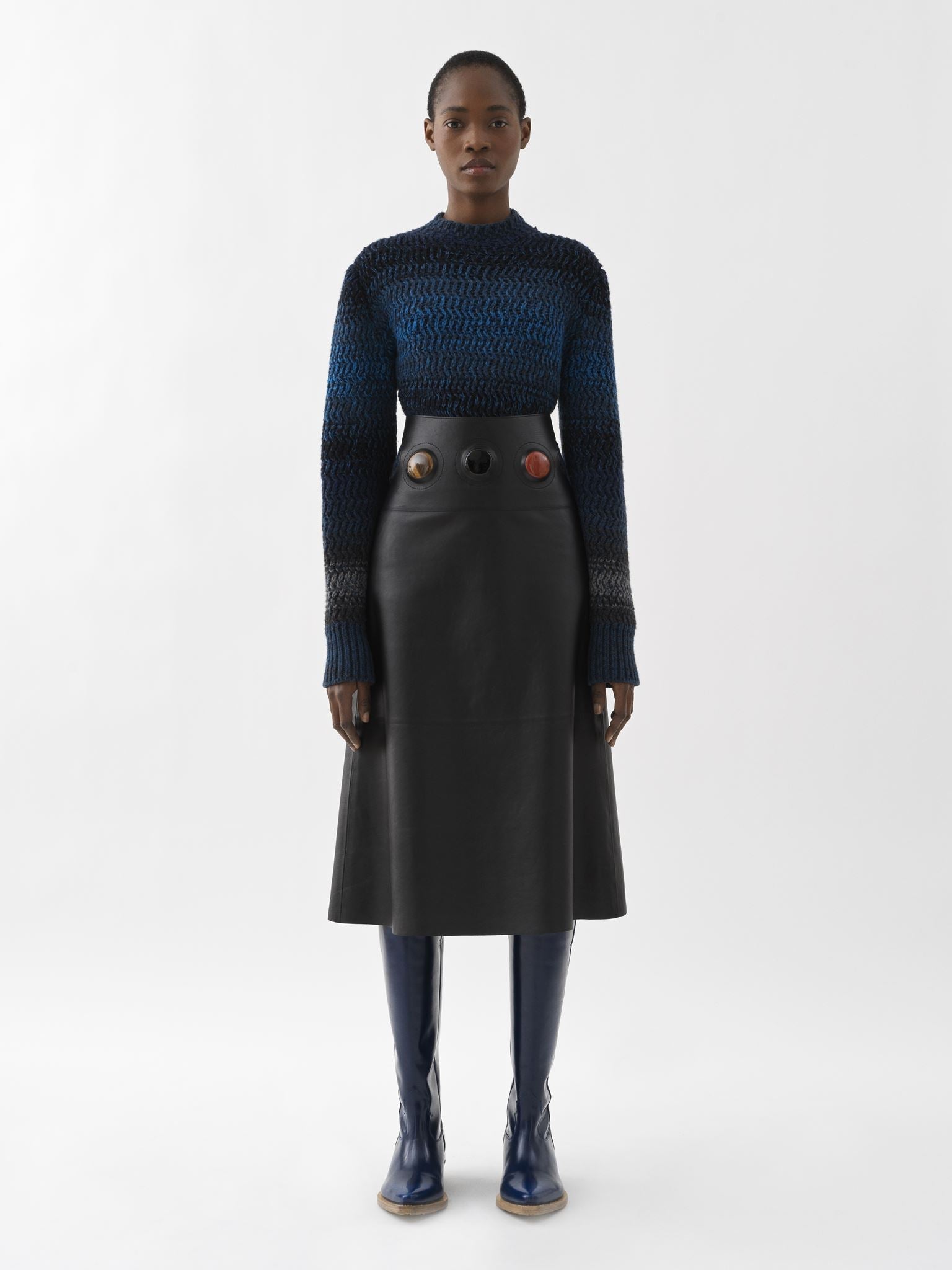 Jupe midi évasée en cuir - Black