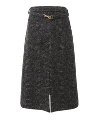 Jupe droite ceinturée en laine - Black Beige