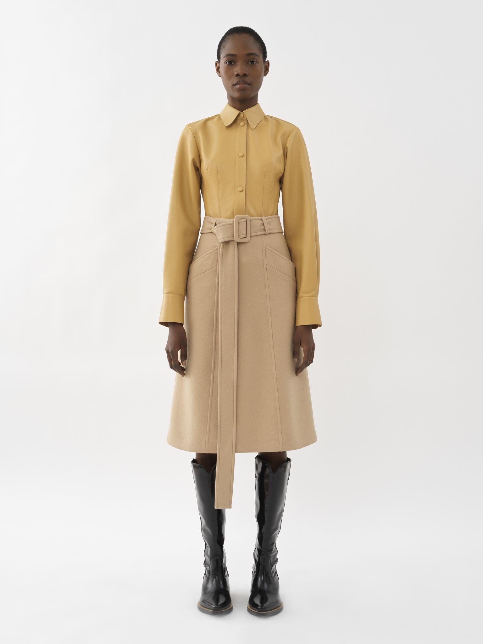 Jupe midi ceinturé en laine - Pearl Beige