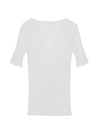 Pull col V en maille de coton et guipure - Coconut Milk