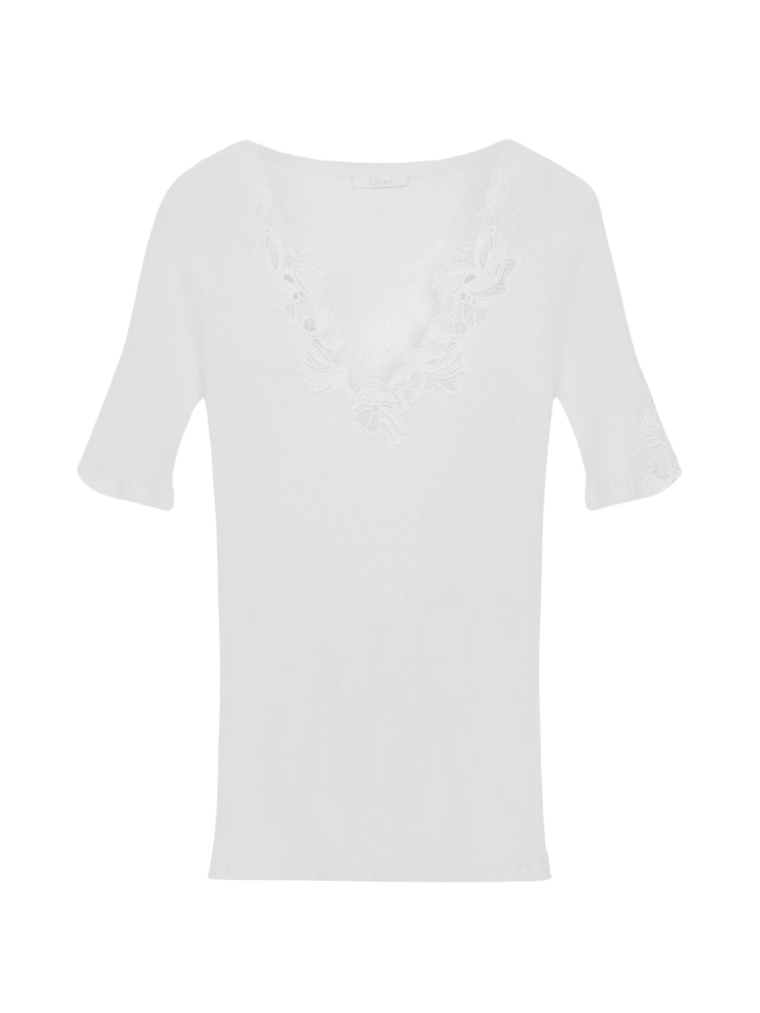 Pull col V en maille de coton et guipure - Coconut Milk