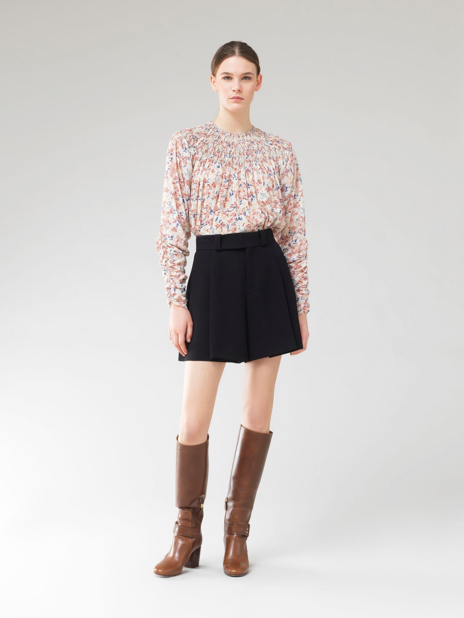 Blouse smockée en soie - White Pink