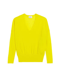 Pull à col V oversize à large bord côte en laine superfine - Summer Yellow