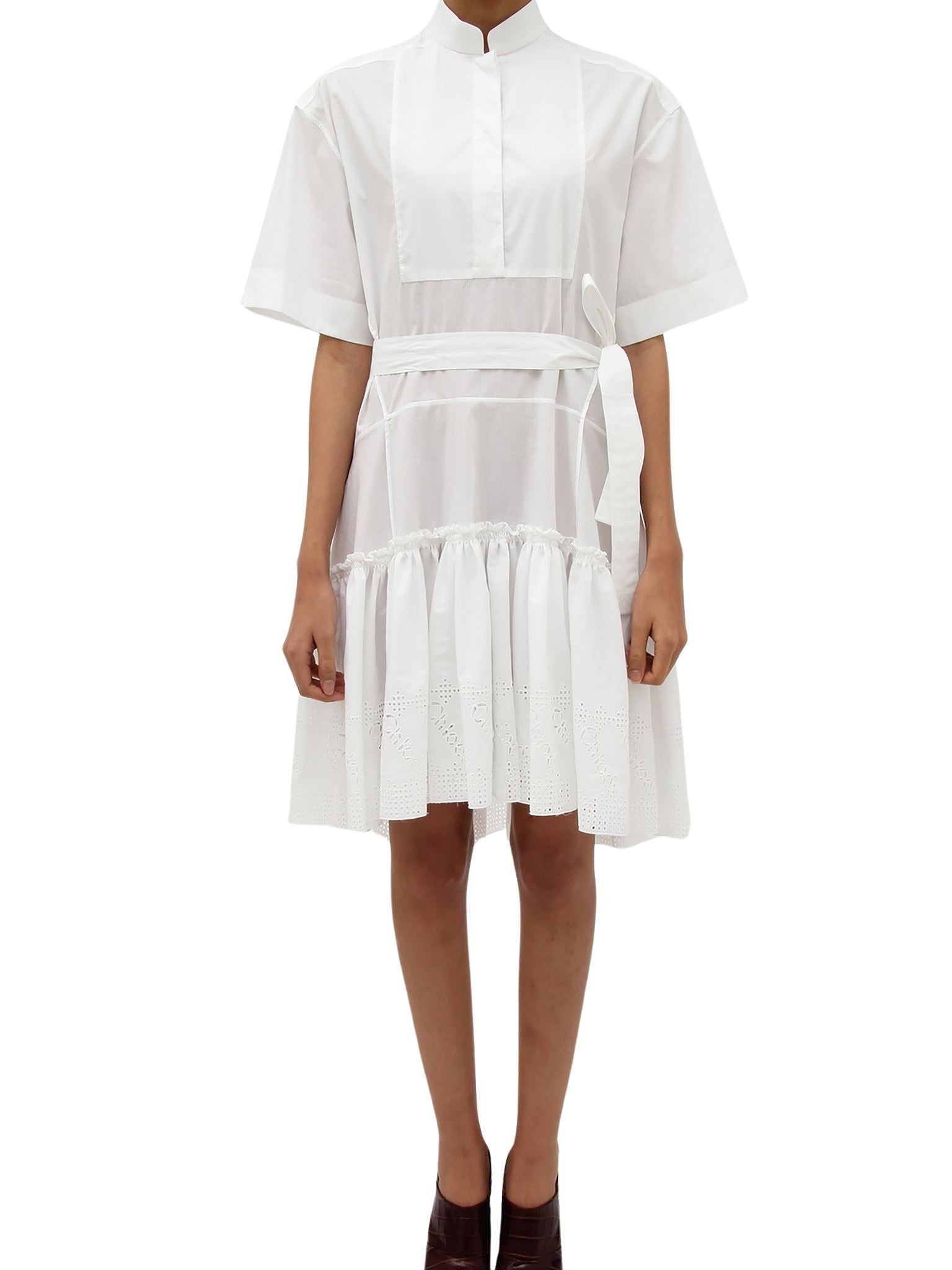 Robe manches courtes à col mao - White