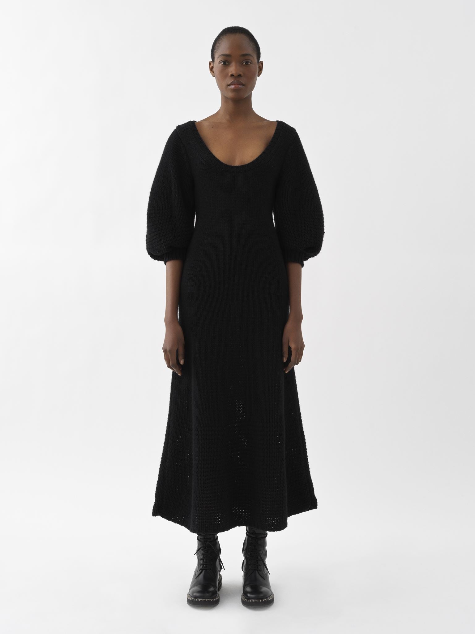 Robe midi évasée en laine - Black