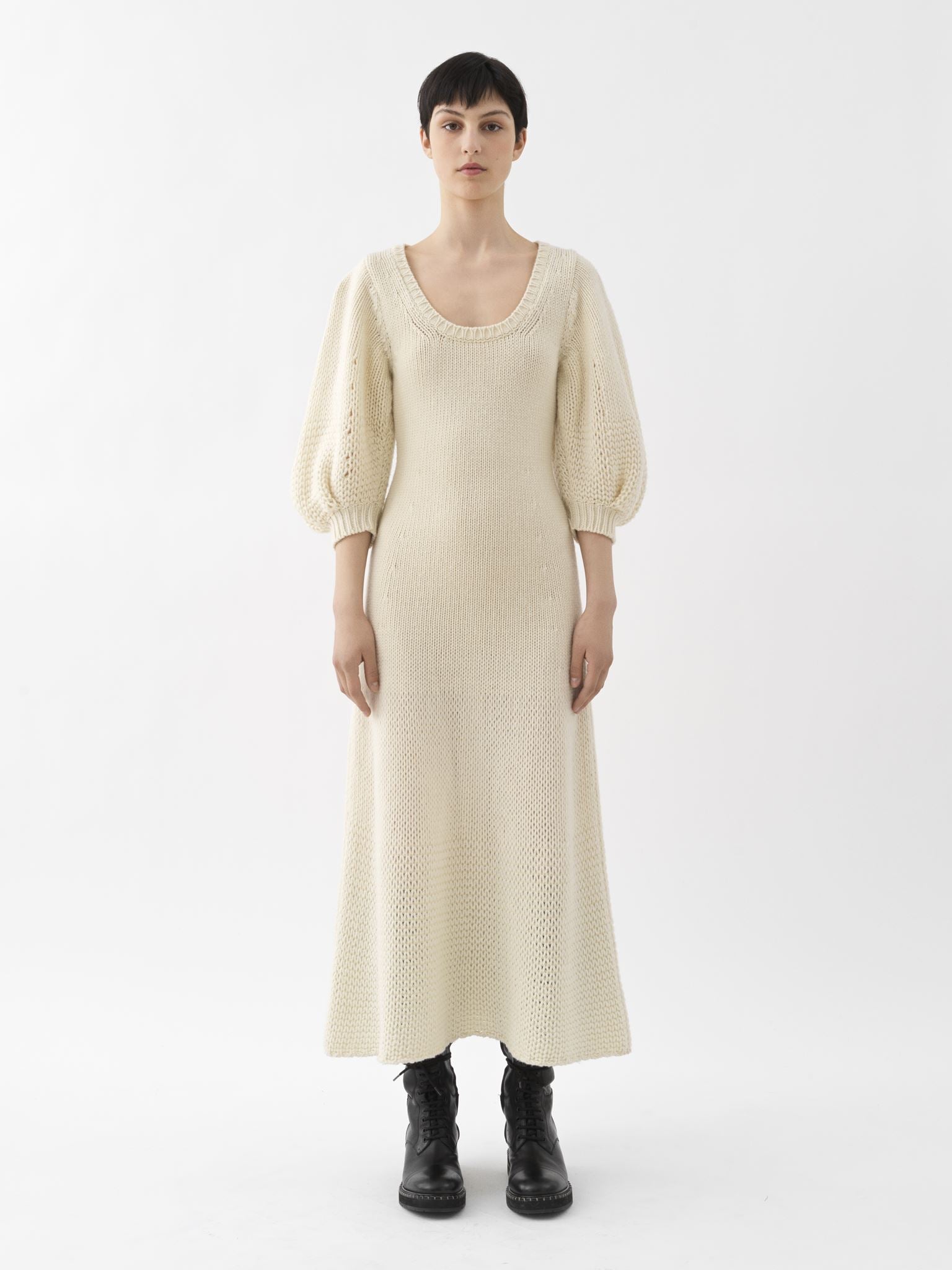 Robe midi évasée en laine - White Powder