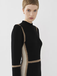 Robe avec col montant joue sur les contrastes en laine - Multicolor Noir