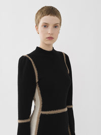 Robe avec col montant joue sur les contrastes en laine - Multicolor Noir