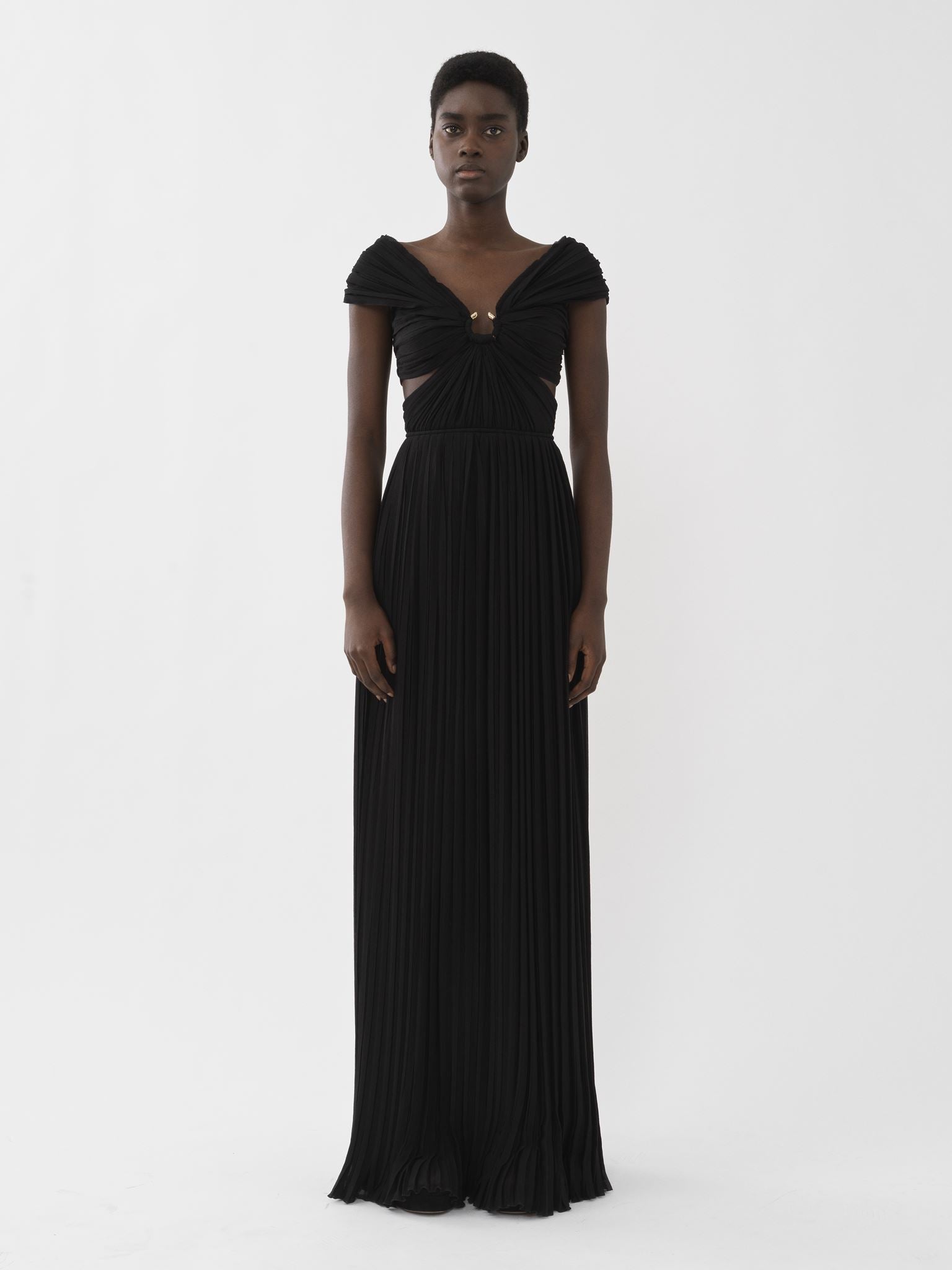 Robe plissée épaules nues en soie - Noir