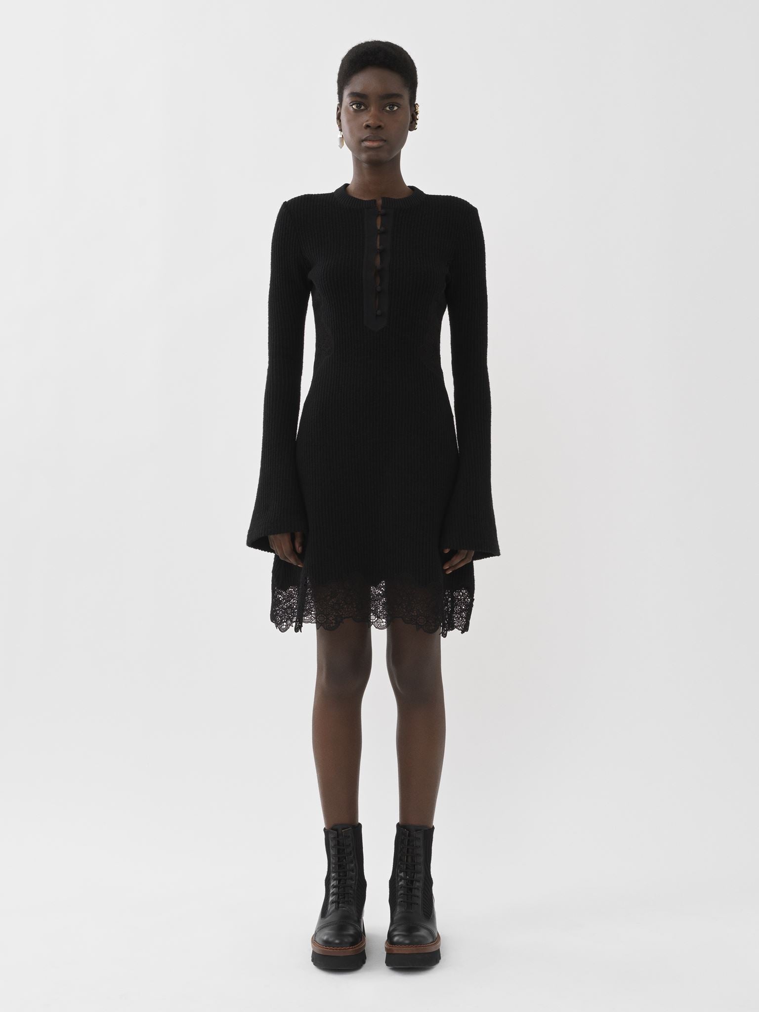 Mini robe col tunisien en laine - Black