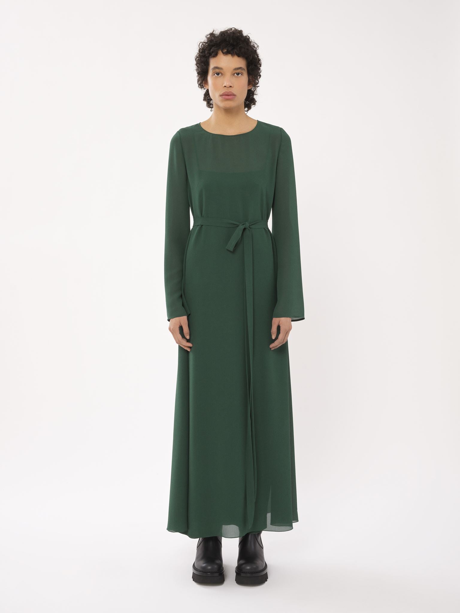 Robe tunique longue ceinturée en soie - Pin Foncé