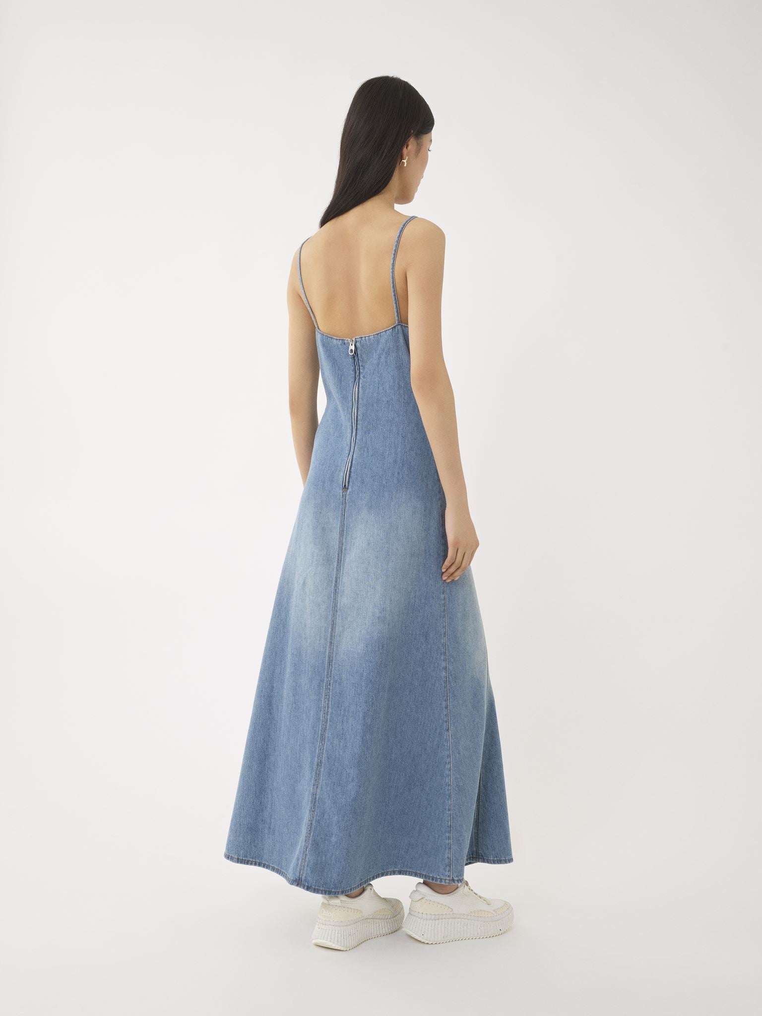 Robe longue évasée fines bretelles - Bleu Brumeux