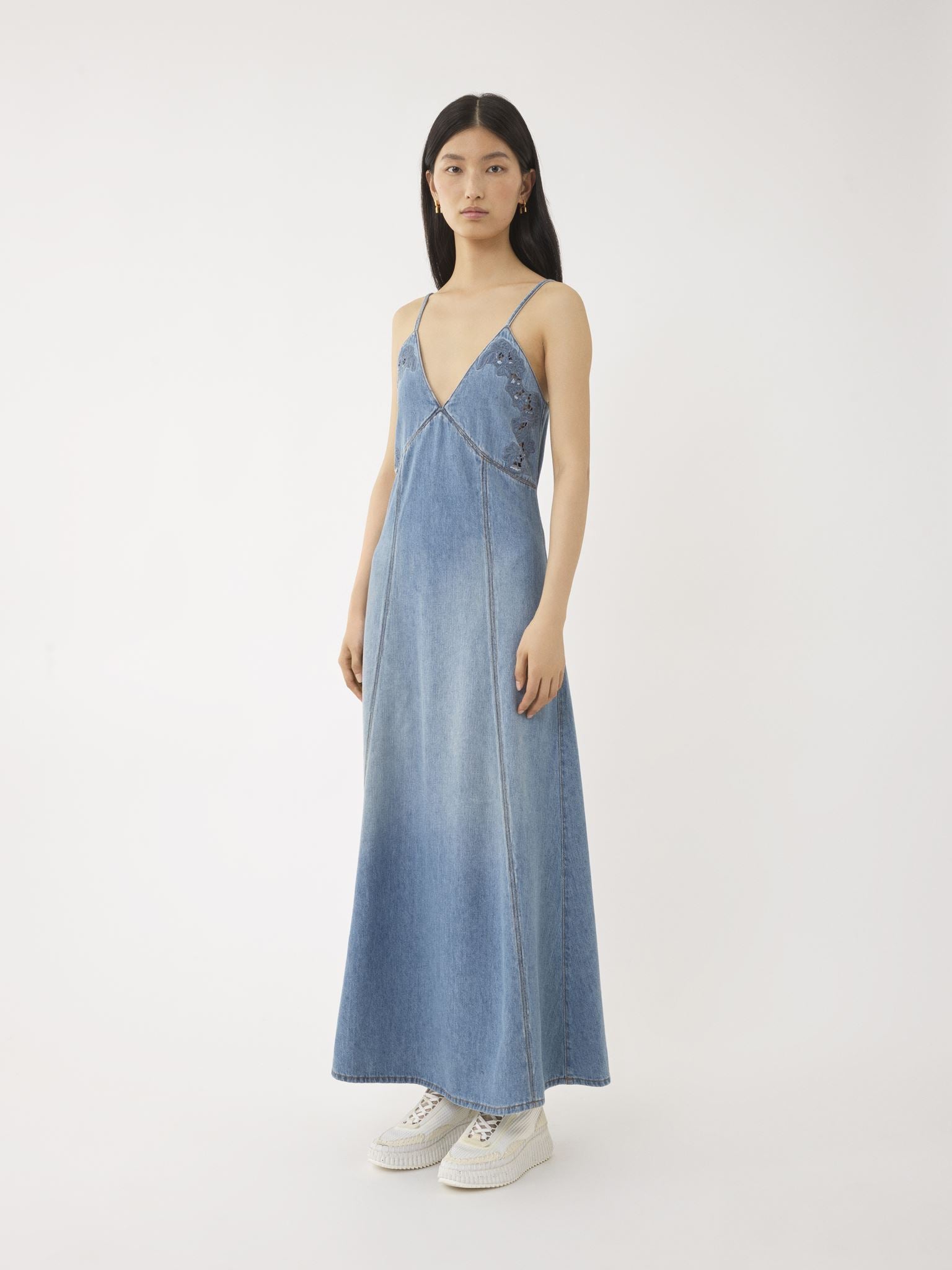 Robe longue évasée fines bretelles - Bleu Brumeux