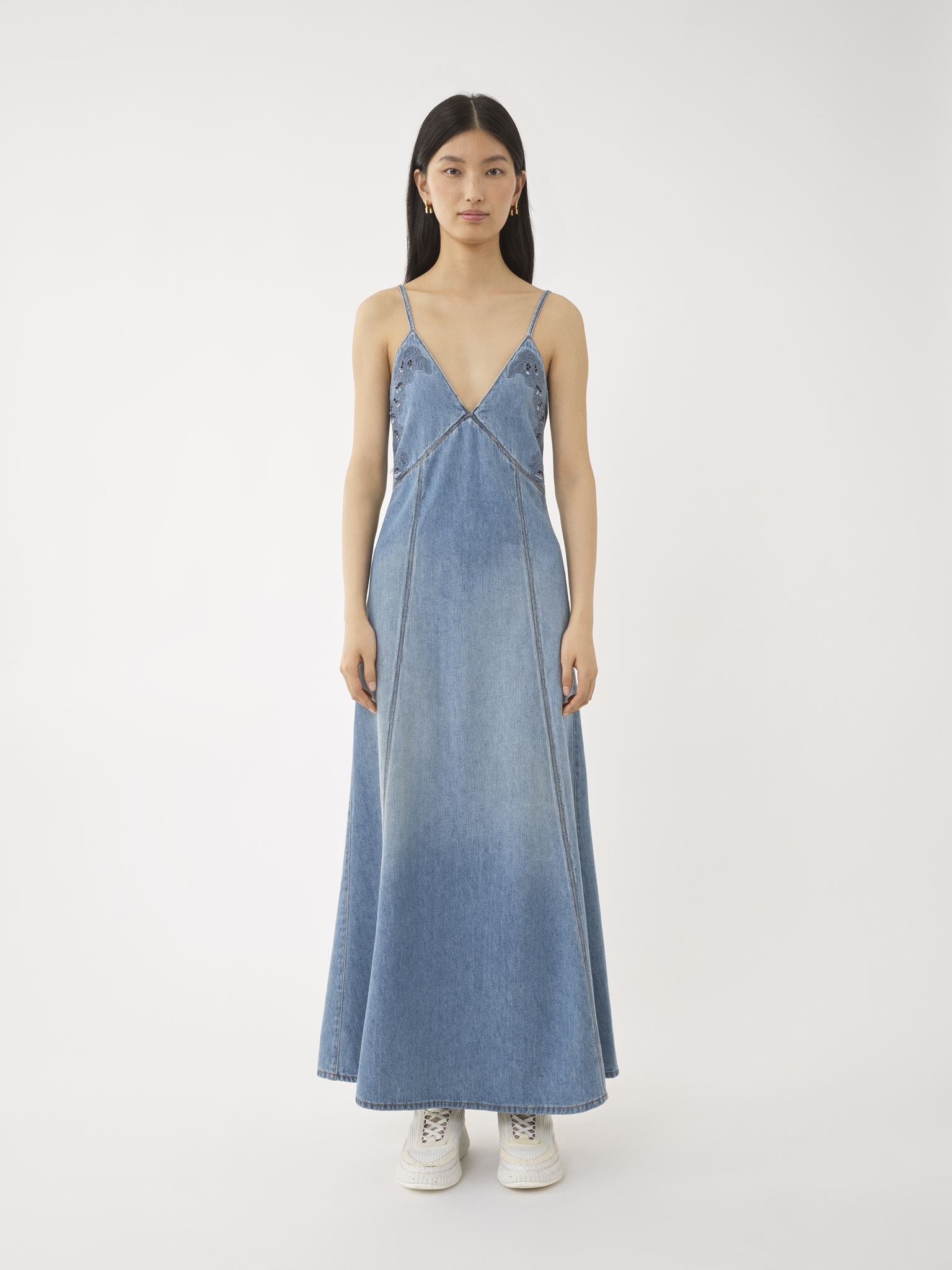 Robe longue évasée fines bretelles - Bleu Brumeux