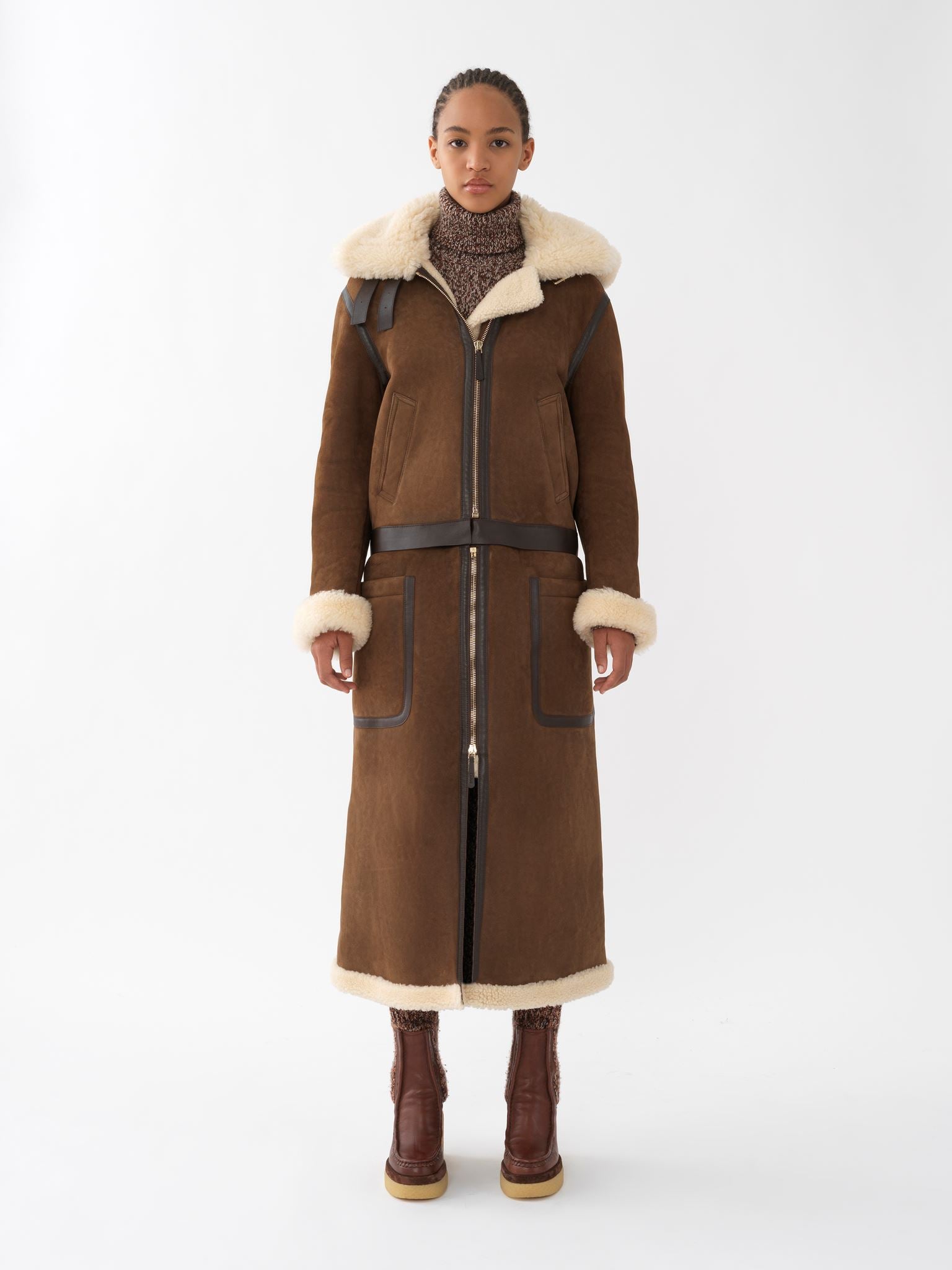 Manteau aviateur convertible en peau lainée - True Brown