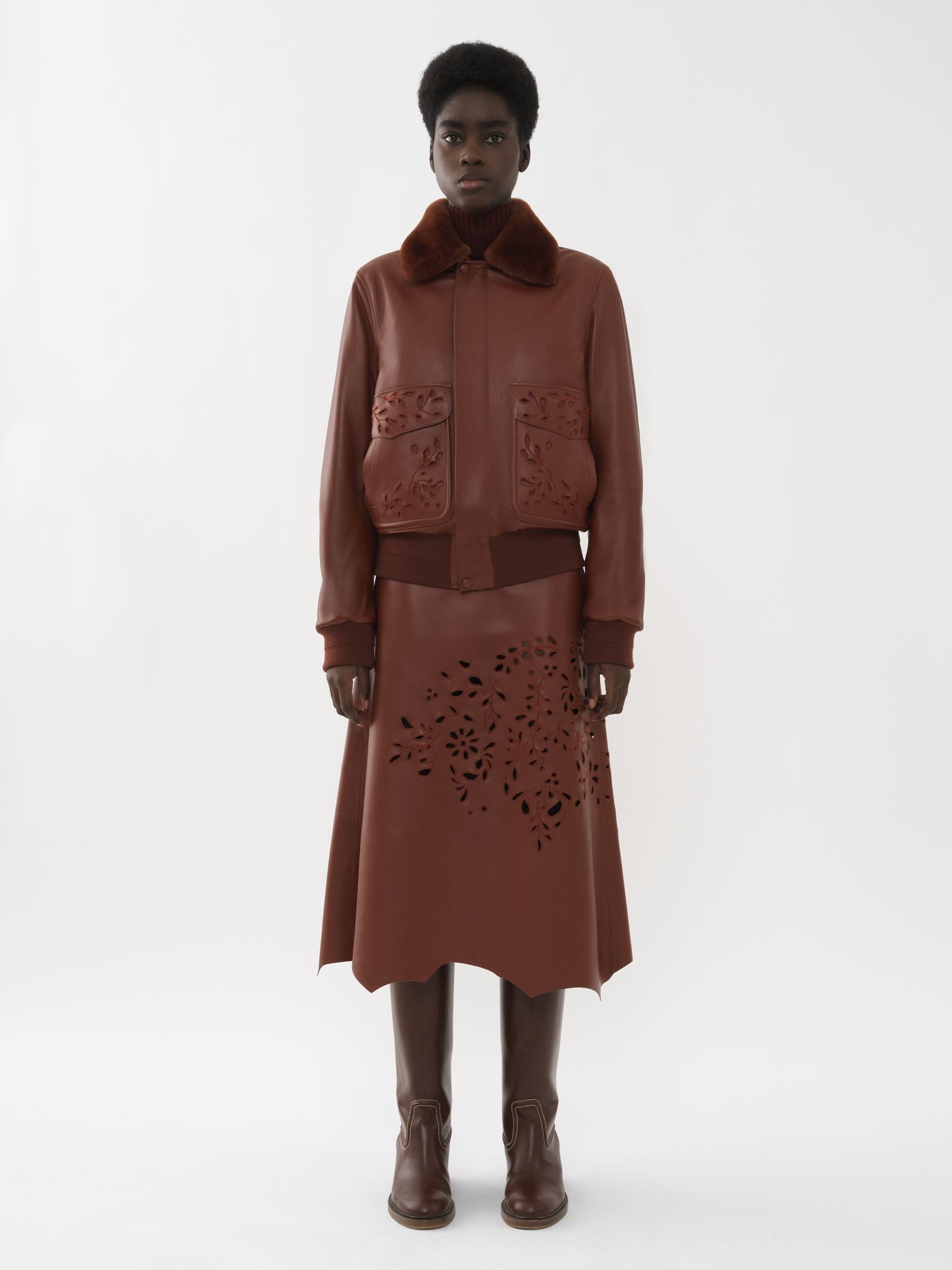 Veste en cuir brodée - Intense Brown