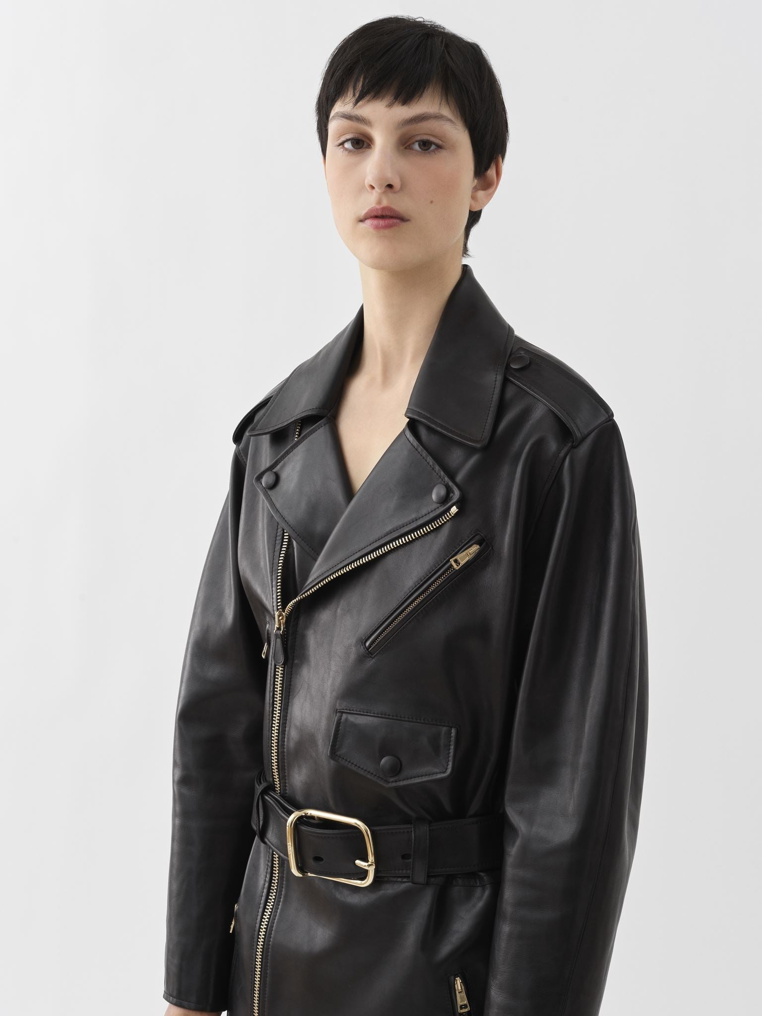 Manteau long Biker en cuir - Black