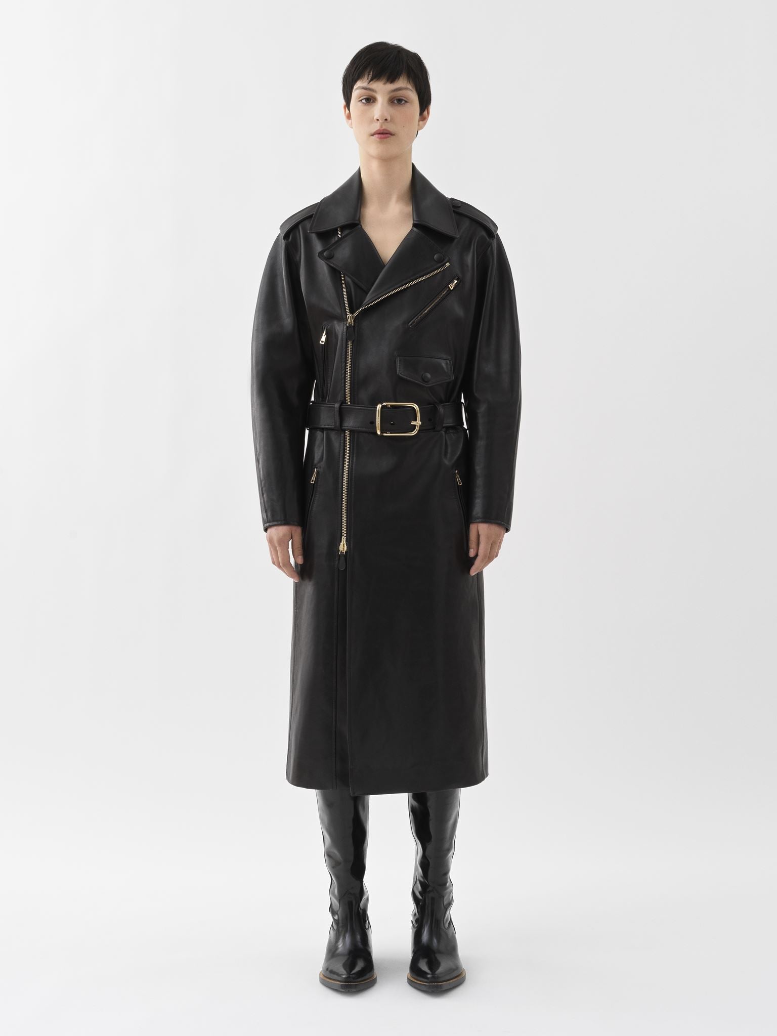Manteau long Biker en cuir - Black