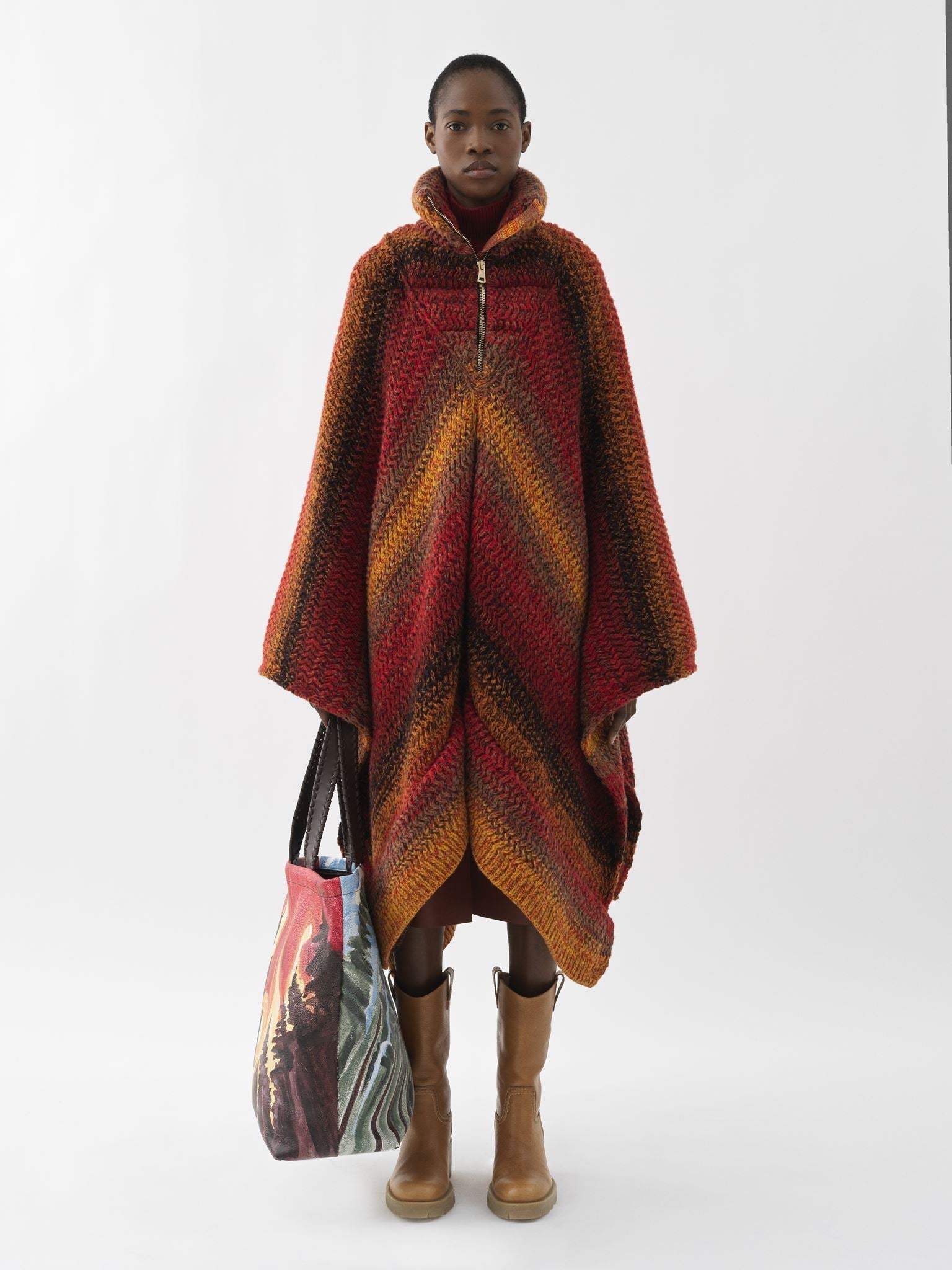 Poncho à zip et col montant en cachemire - Sunset Orange