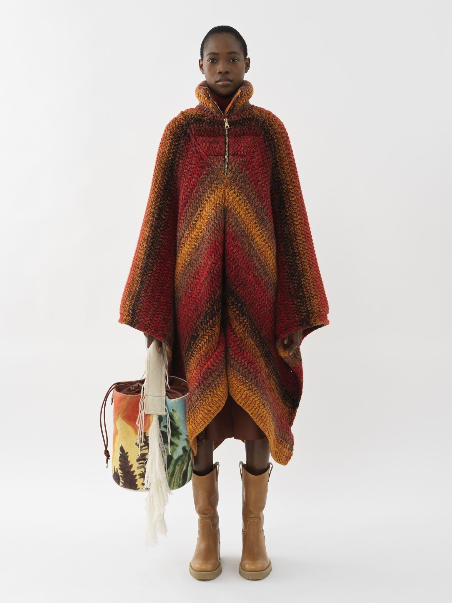 Poncho à zip et col montant en cachemire - Sunset Orange