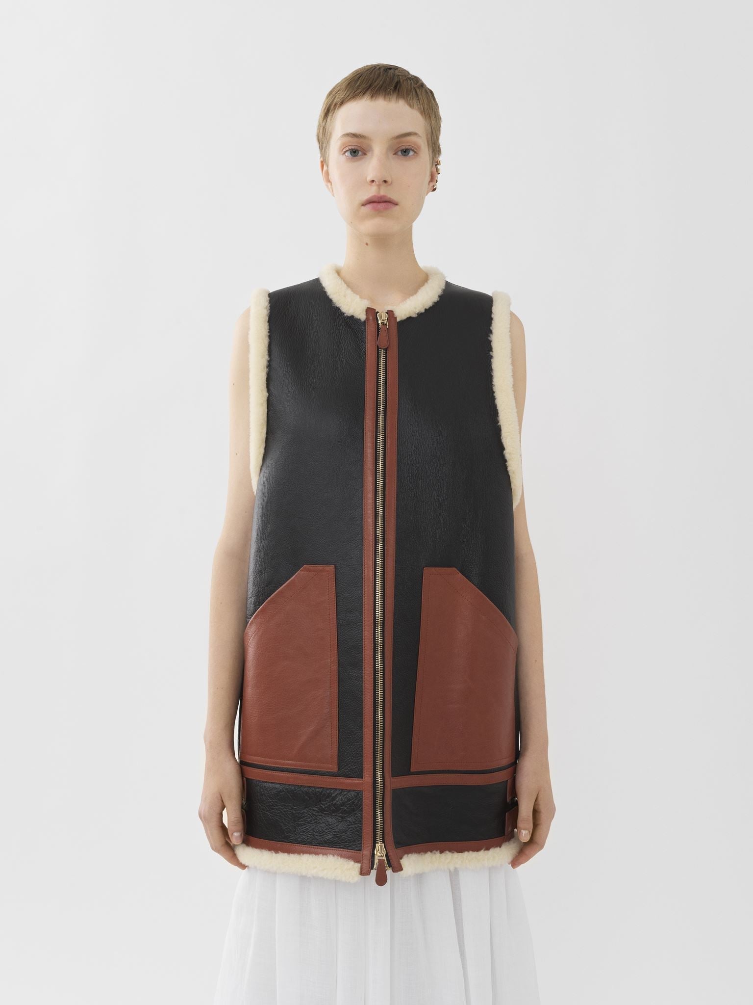 Veste aviateur sans manches avec jeu de textures en cuir - Noir