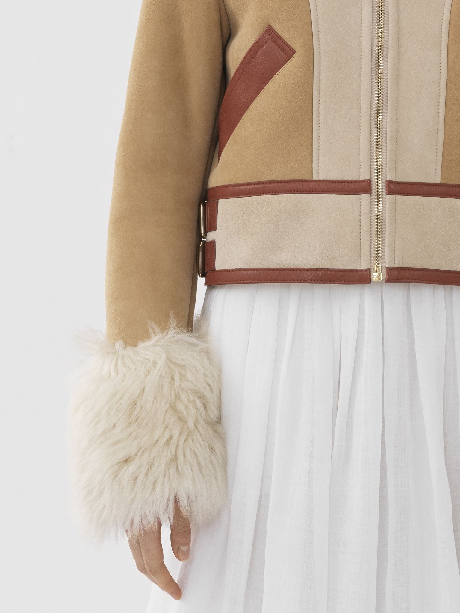 Blouson aviateur offre un jeu de textures et en cuir - Bronzage Doux
