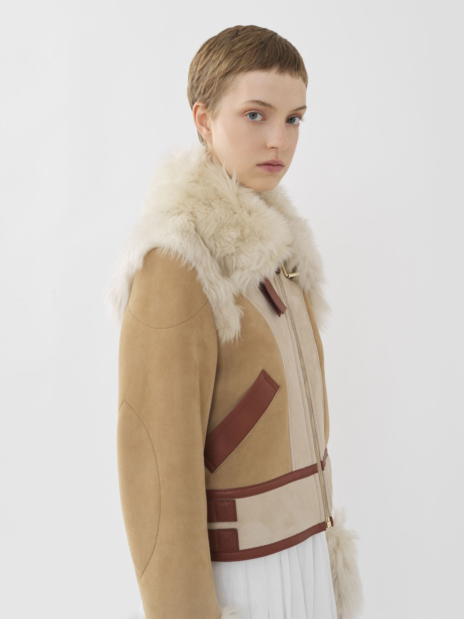 Blouson aviateur offre un jeu de textures et en cuir - Bronzage Doux