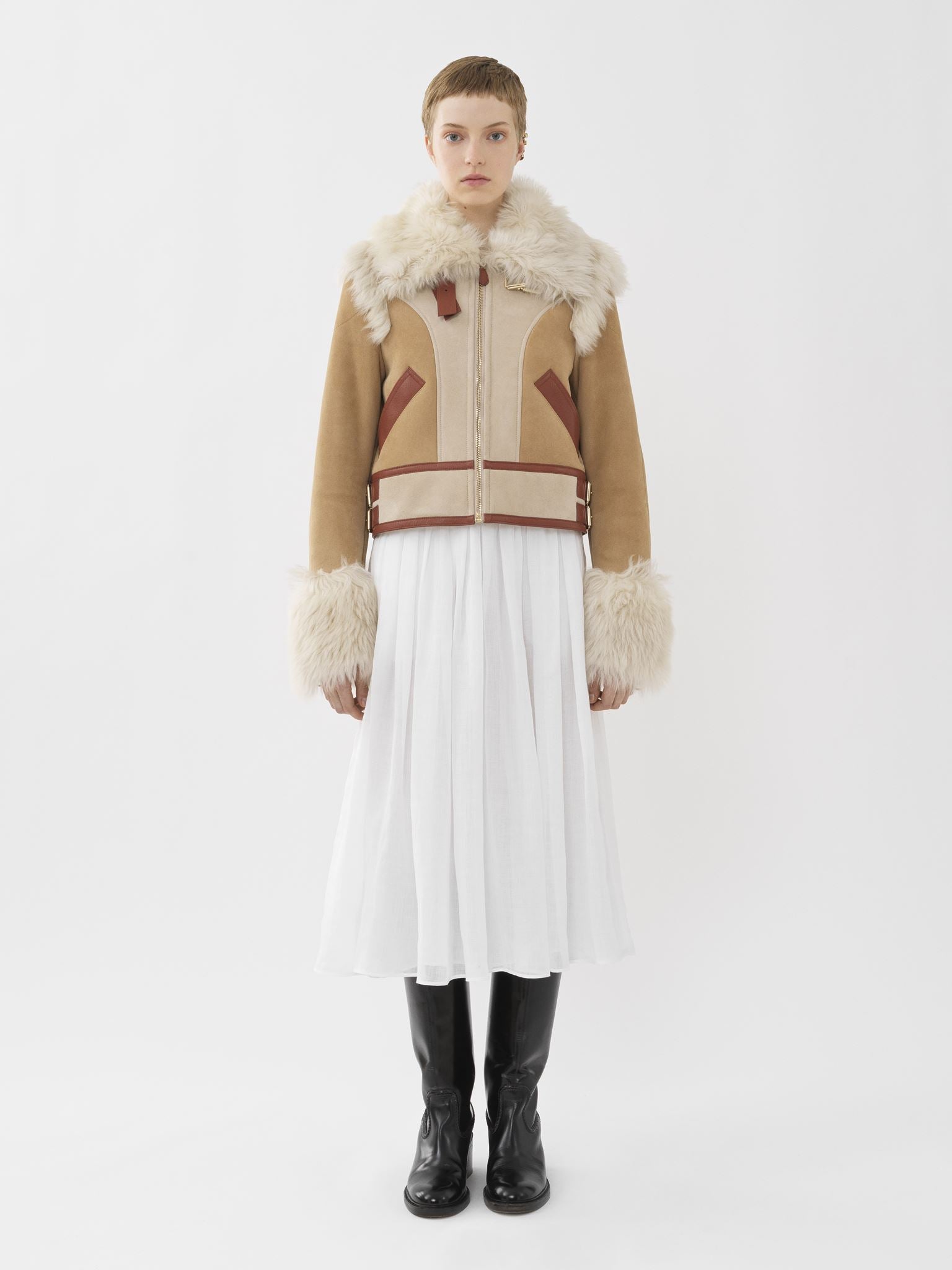 Blouson aviateur offre un jeu de textures et en cuir - Bronzage Doux